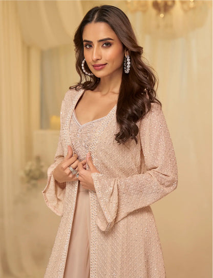 Luxury Beige Georgette Embroidered Indo-Western Set with Long Shrug