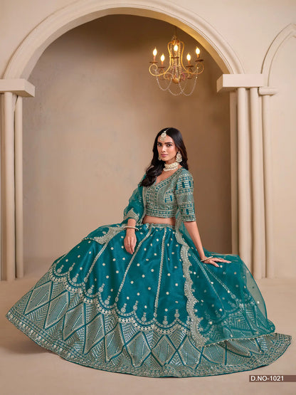 Dark Aqua Designer Art Silk Lehenga Choli With Thread And Sequins Work