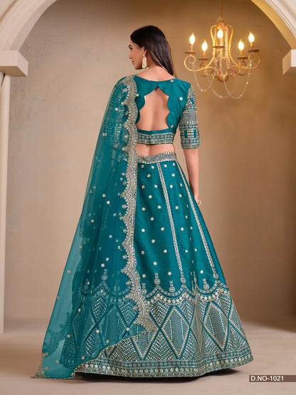 Dark Aqua Designer Art Silk Lehenga Choli With Thread And Sequins Work