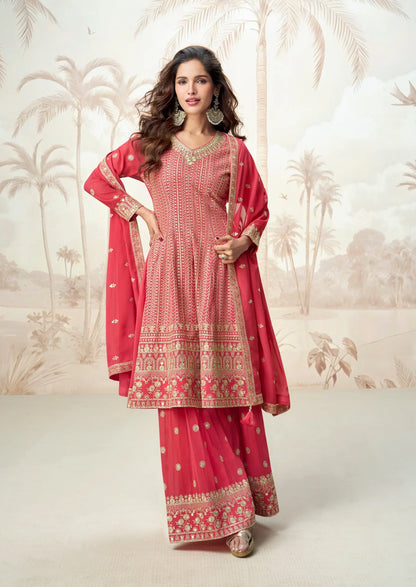 Pastel Red Georgette Embroidery Work Palazzo Suit