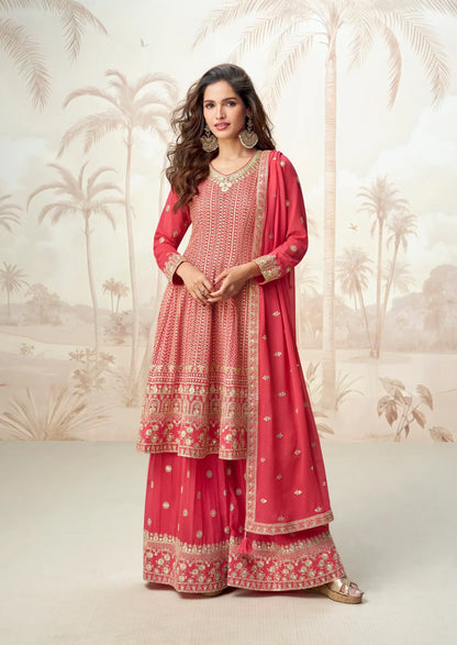 Pastel Red Georgette Embroidery Work Palazzo Suit