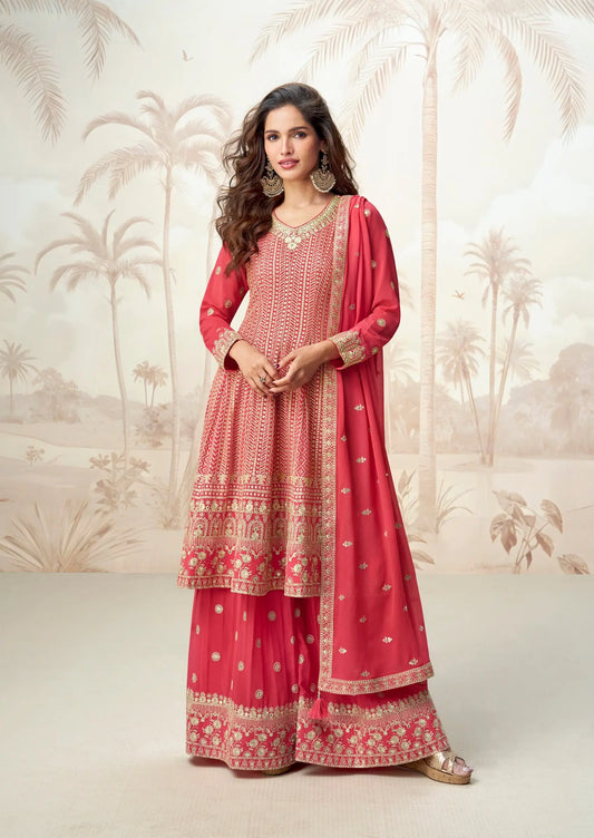 Pastel Red Georgette Embroidery Work Palazzo Suit