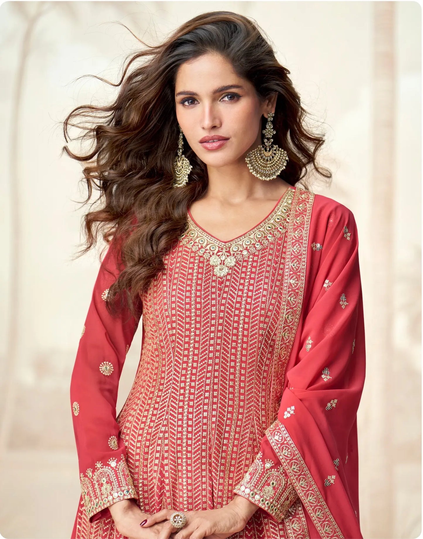 Pastel Red Georgette Embroidery Work Palazzo Suit