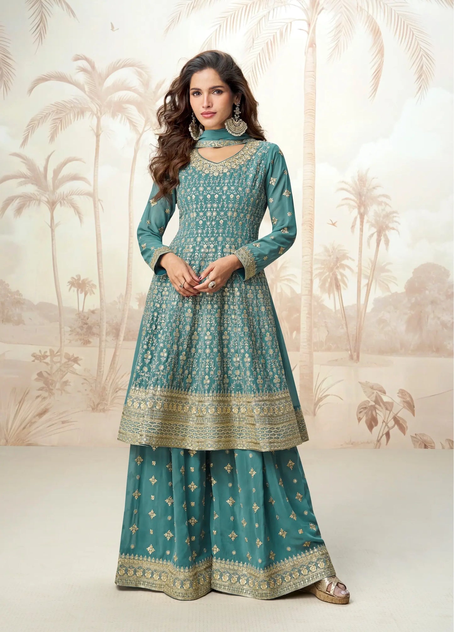 Greyish Teal Georgette Embroidery Work Palazzo Suit