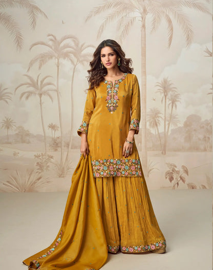 Golden Yellow Shimmer Silk Embroidery Work Salwar Suit