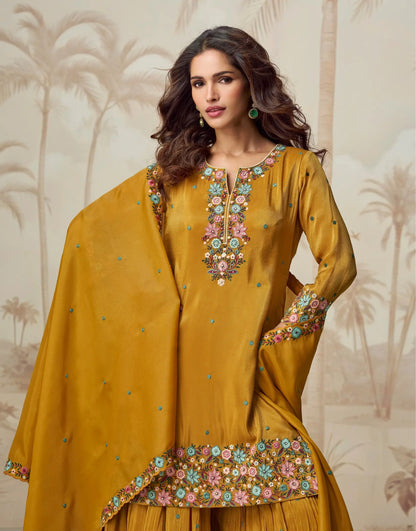 Golden Yellow Shimmer Silk Embroidery Work Salwar Suit
