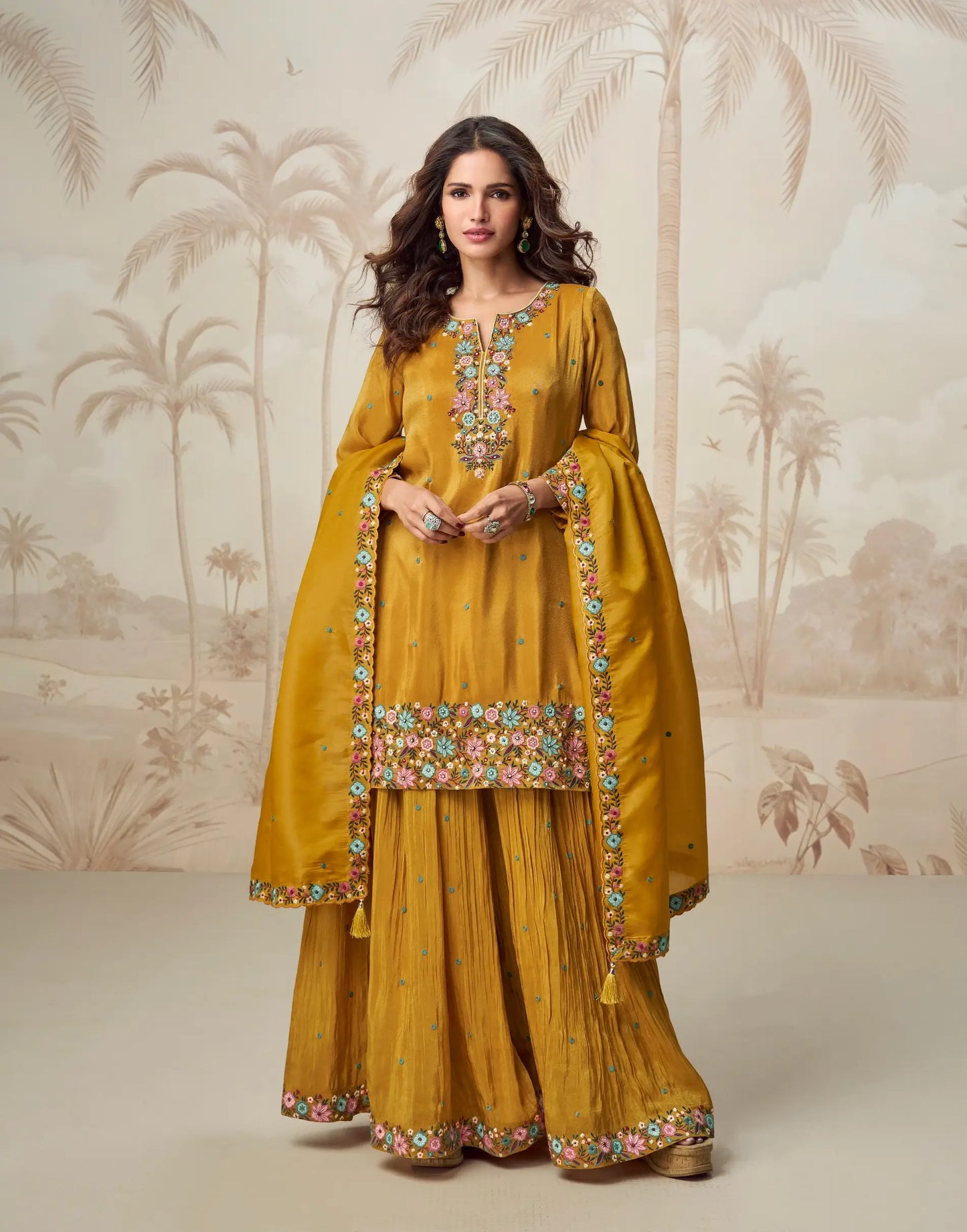 Golden Yellow Shimmer Silk Embroidery Work Salwar Suit