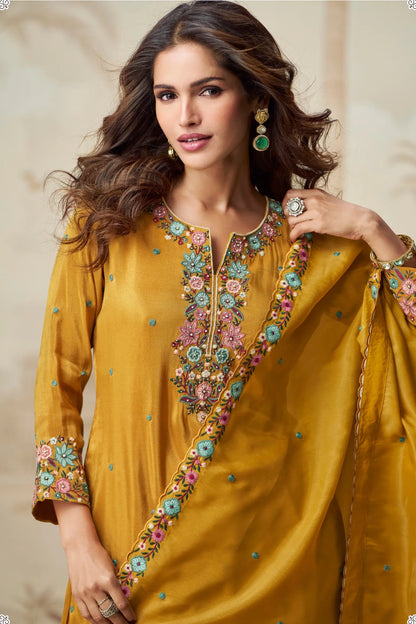 Golden Yellow Shimmer Silk Embroidery Work Salwar Suit