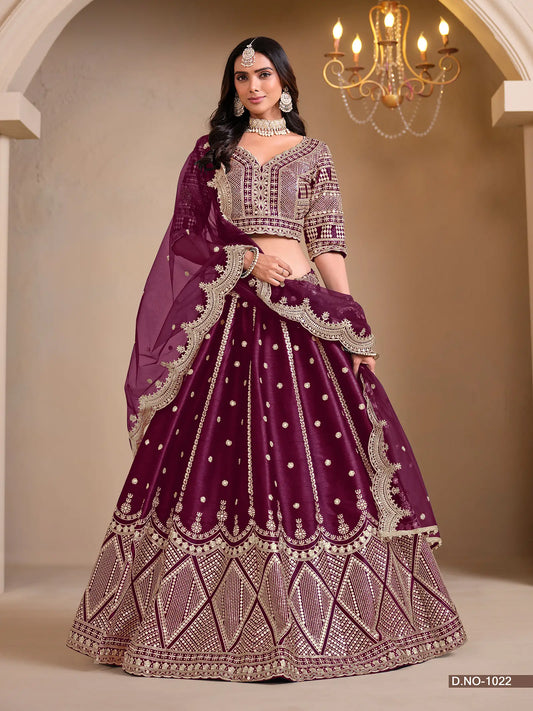 Wine Berry Designer Art Silk Lehenga Choli With Thread And Sequins Work