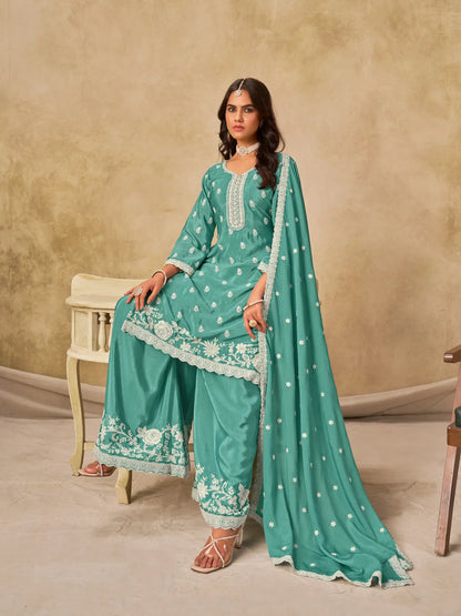 Sky Blue Chinon Embroidery Work Palazzo Suit