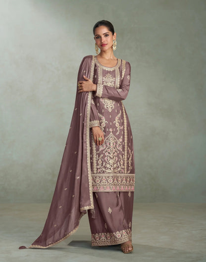 Cocoa Brown Chinon Silk Embroidery work Palazzo Suit