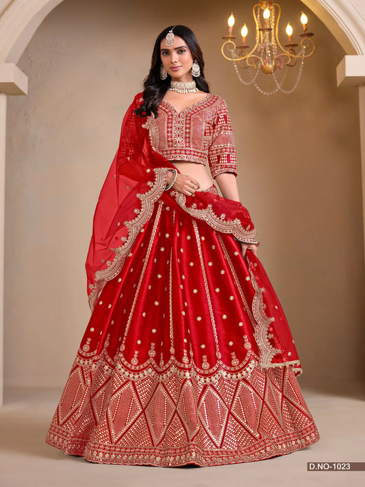 Vibrant Red Designer Art Silk Lehenga Choli With Thread And Sequins Work