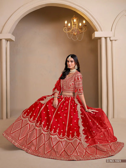 Vibrant Red Designer Art Silk Lehenga Choli With Thread And Sequins Work