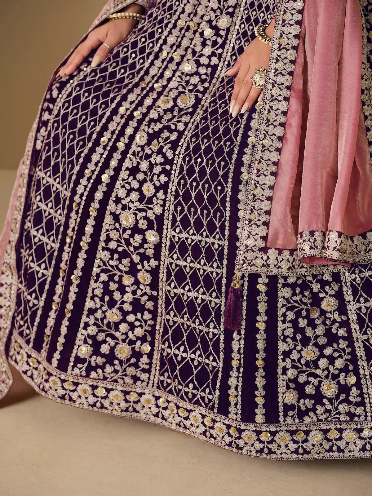 Dark Purple Velvet Heavy Embroidered Gown