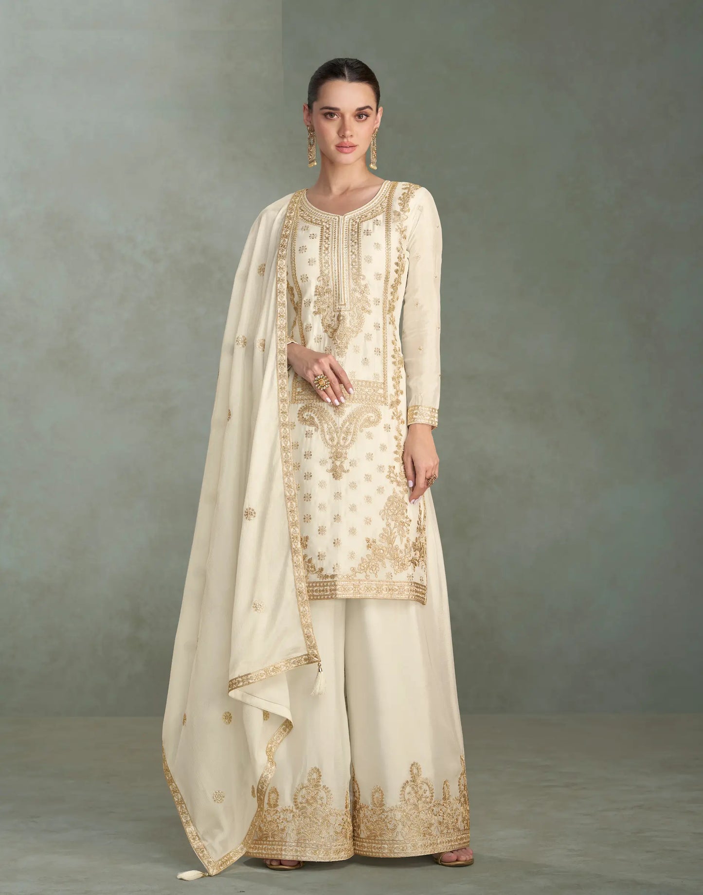 Off White Chinon Silk Embroidery work Palazzo Suit