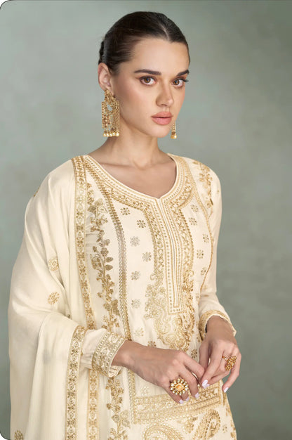 Off White Chinon Silk Embroidery work Palazzo Suit