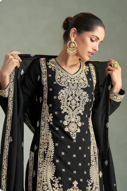 Black Chinon Silk Embroidery work Palazzo Suit