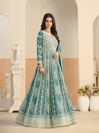 Dusty Teal Georgette Embroidery Gown