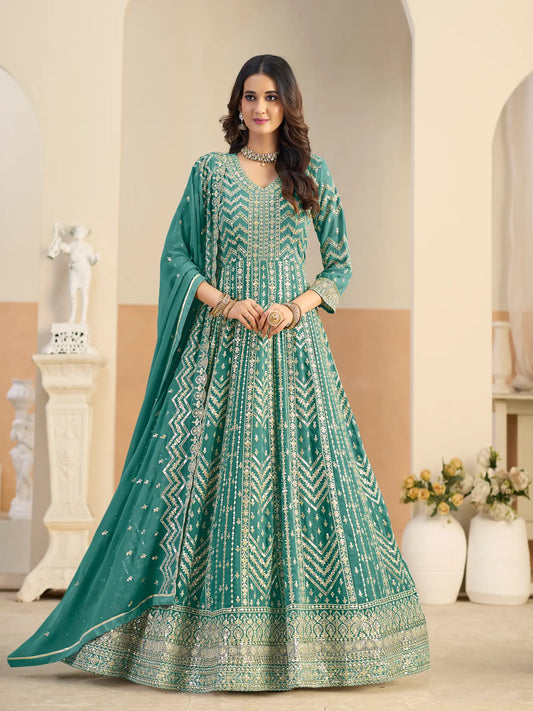Aqua Blue Georgette Embroidery Gown