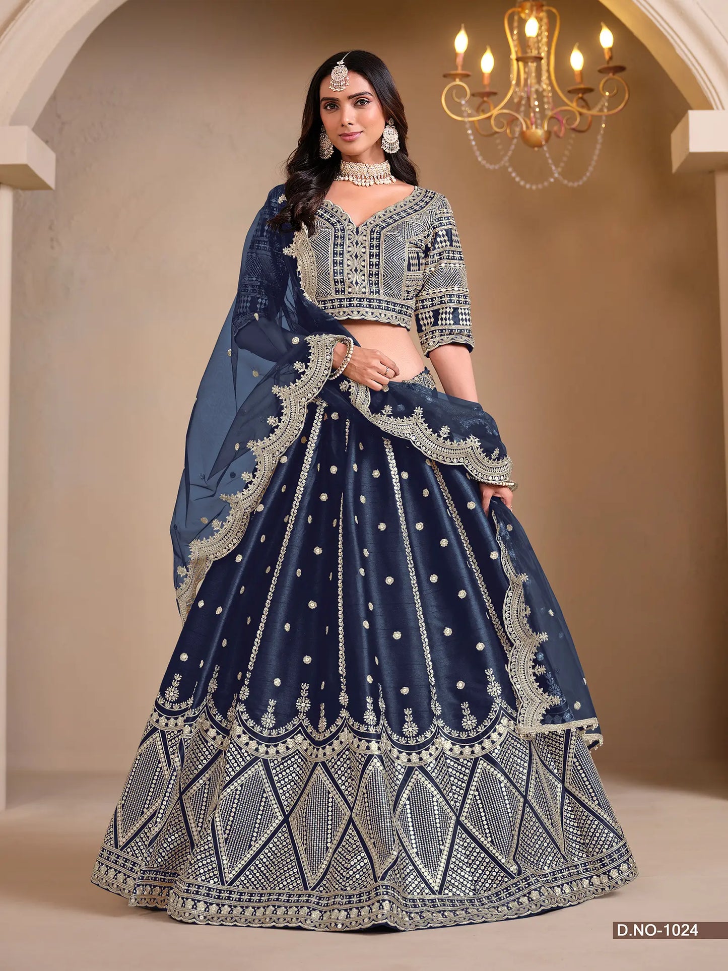 Navy Blue Designer Art Silk Lehenga Choli With Thread And Sequins Work