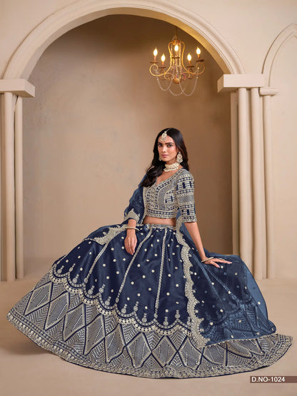 Navy Blue Designer Art Silk Lehenga Choli With Thread And Sequins Work