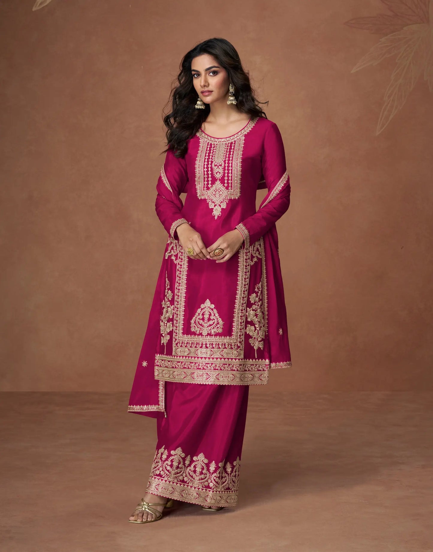 Dark Pink Chinon Silk Embroidery Work Palazzo Suit