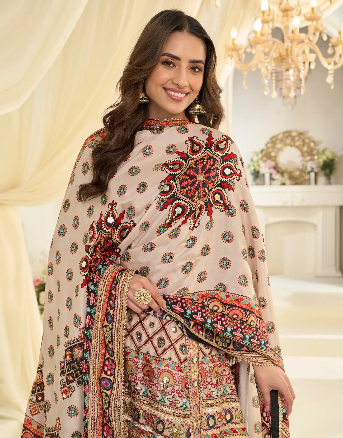 White Silk Salwar Suit With Print & Aari Work