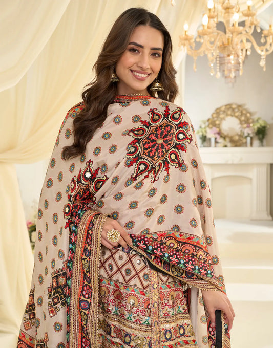 White Silk Salwar Suit With Print & Aari Work