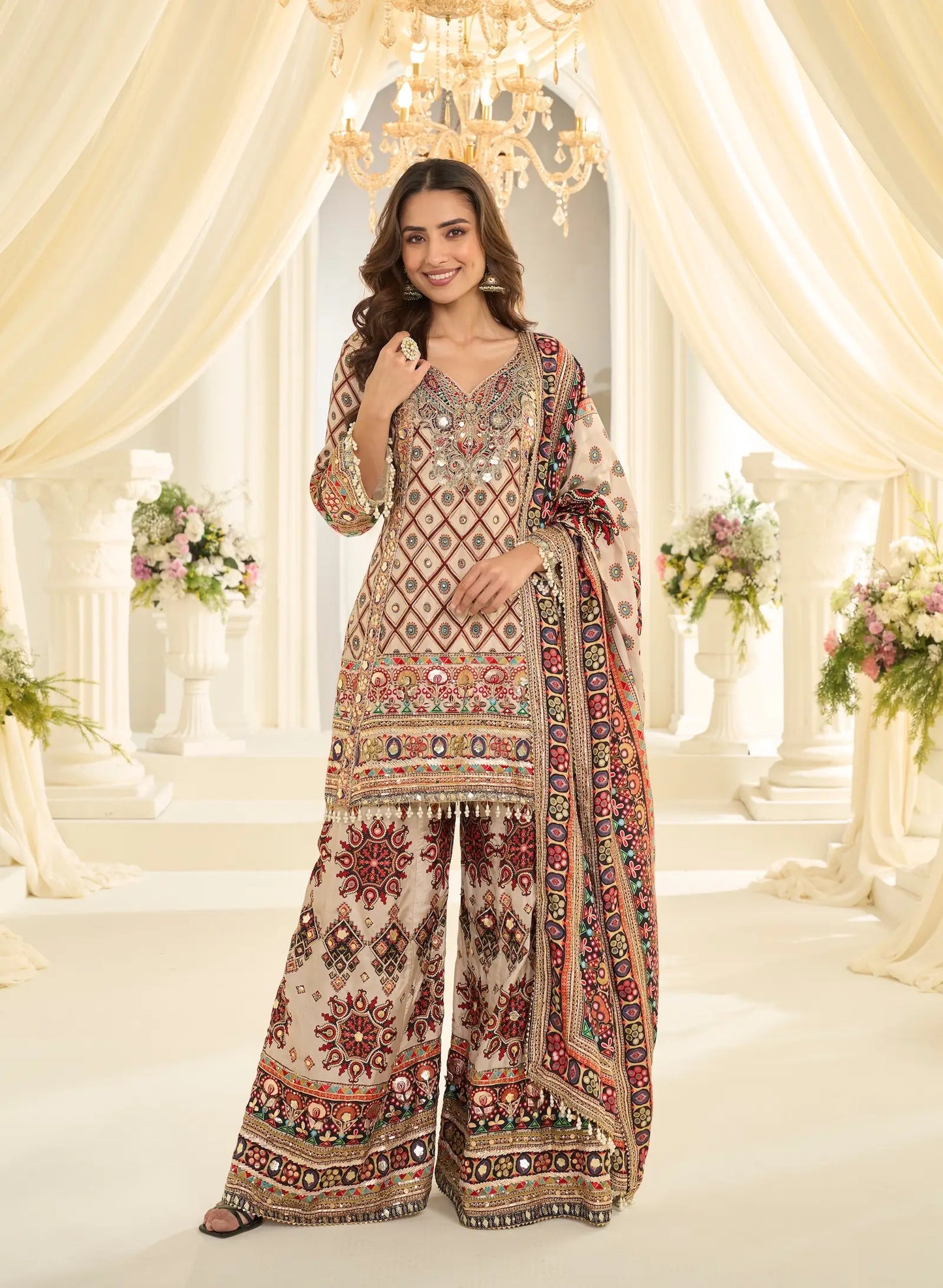 White Silk Salwar Suit With Print & Aari Work