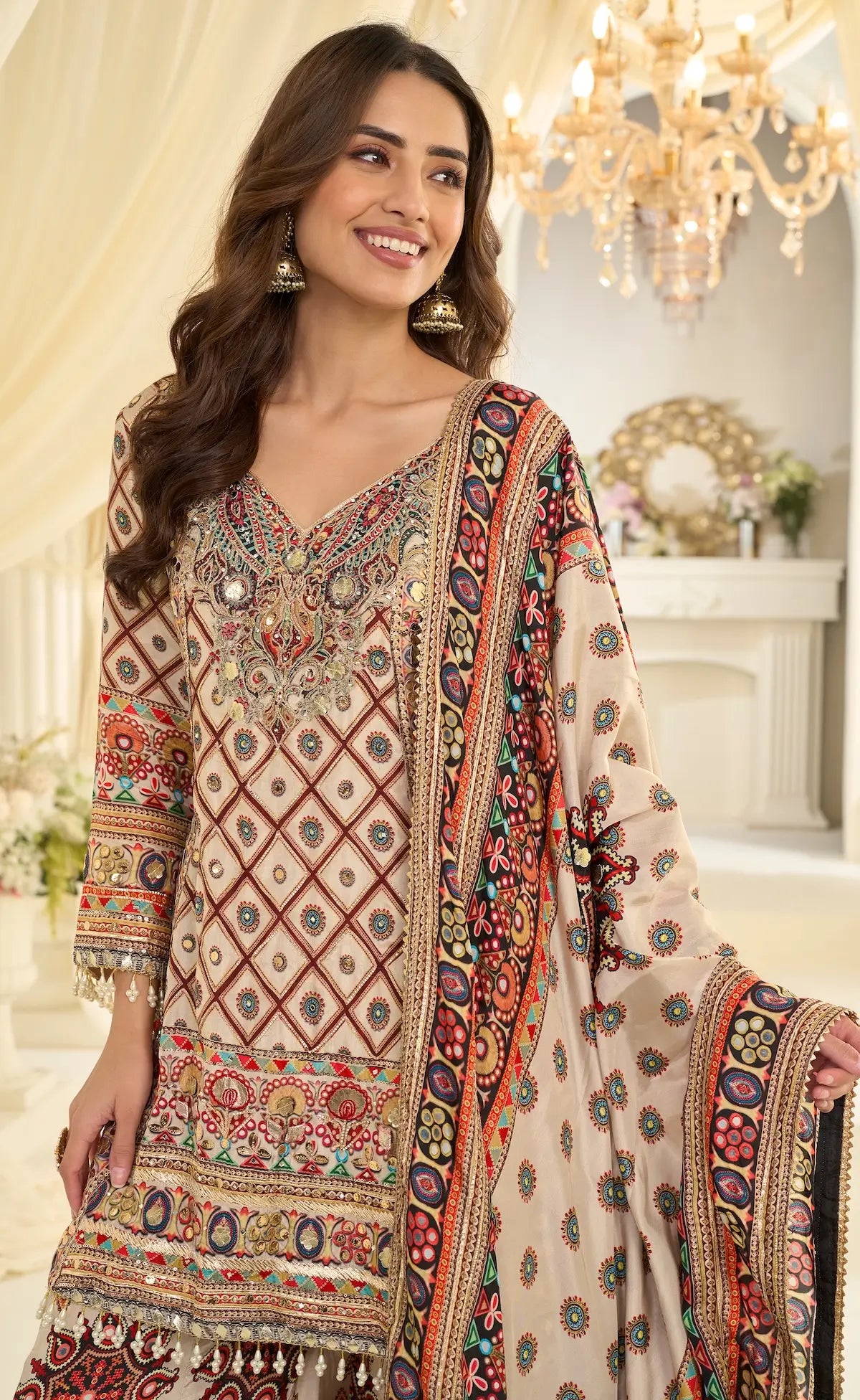White Silk Salwar Suit With Print & Aari Work
