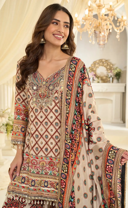 White Silk Salwar Suit With Print & Aari Work