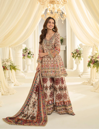 White Silk Salwar Suit With Print & Aari Work