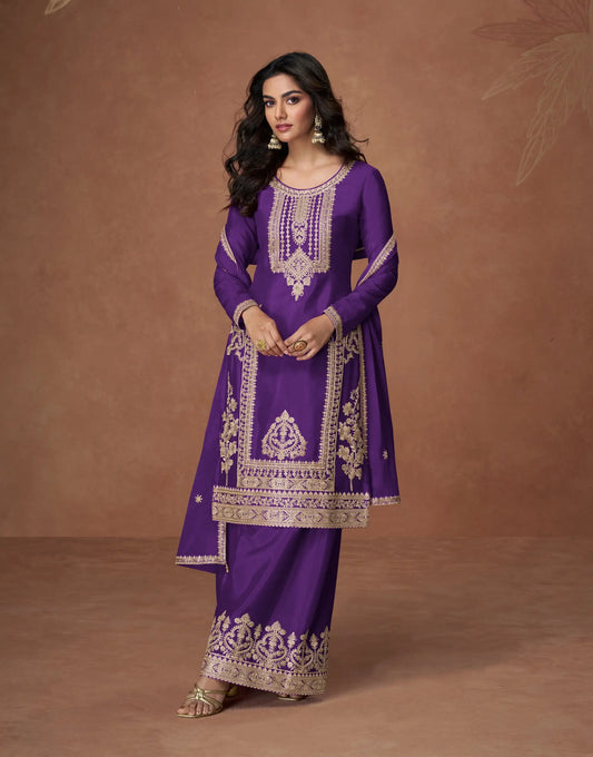 Iris Purple Chinon Silk Embroidery Work Palazzo Suit