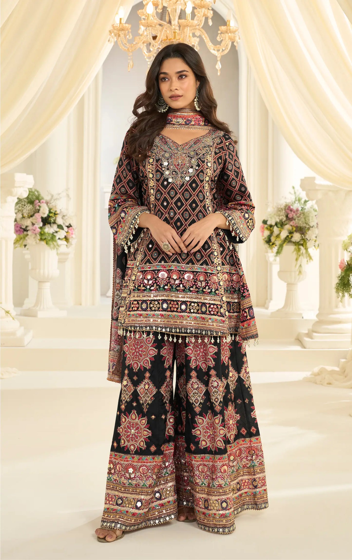Black Silk Salwar Suit With Print & Aari Work