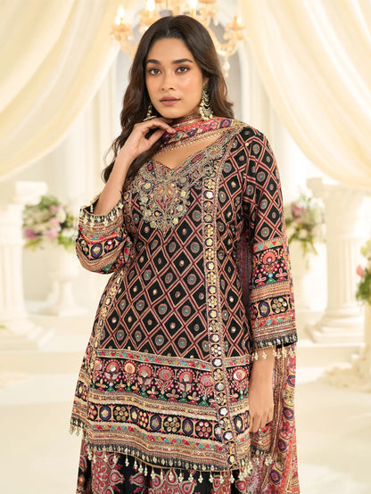 Black Silk Salwar Suit With Print & Aari Work