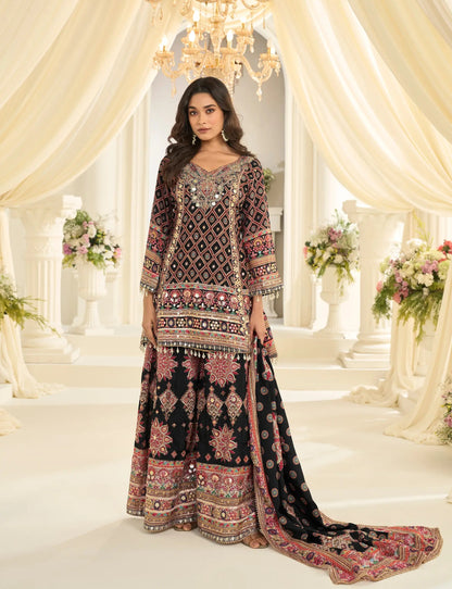 Black Silk Salwar Suit With Print & Aari Work