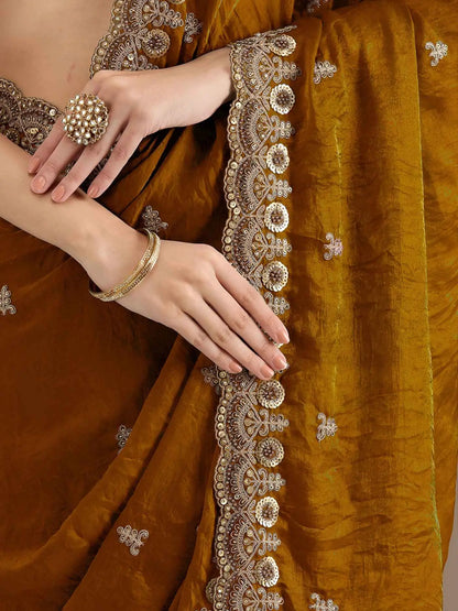 Gold Embroidery Pearl Work Tissue Saree
