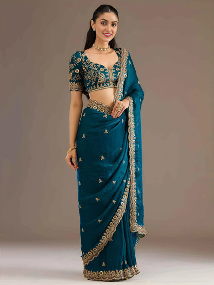 Dove Blue Embroidery Pearl Work Tissue Saree