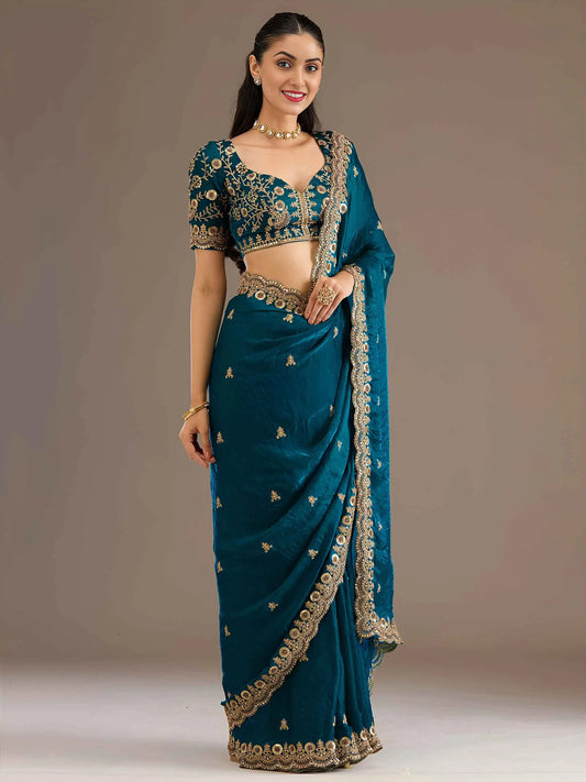 Dove Blue Embroidery Pearl Work Tissue Saree