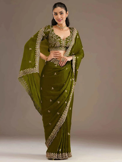 Olive Green Embroidery Pearl Work Tissue Saree