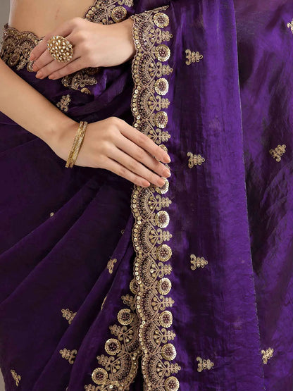 Purple Embroidery Pearl Work Tissue Saree