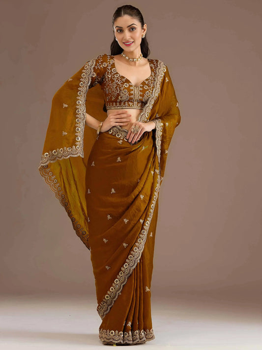 Gold Embroidery Pearl Work Tissue Saree
