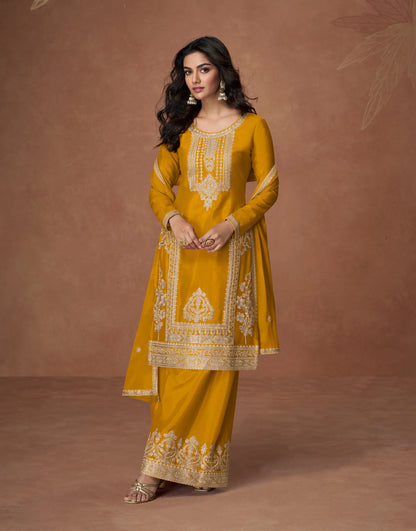 Golden Yellow Chinon Silk Embroidery Work Palazzo Suit