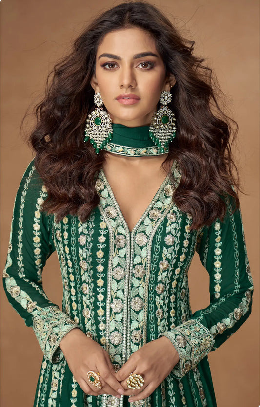Deep Green Chinon Silk Embroidery Work Gown