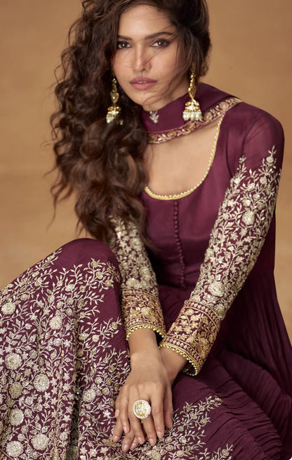 Wine Berry Chinon Silk Embroidery Work Gown