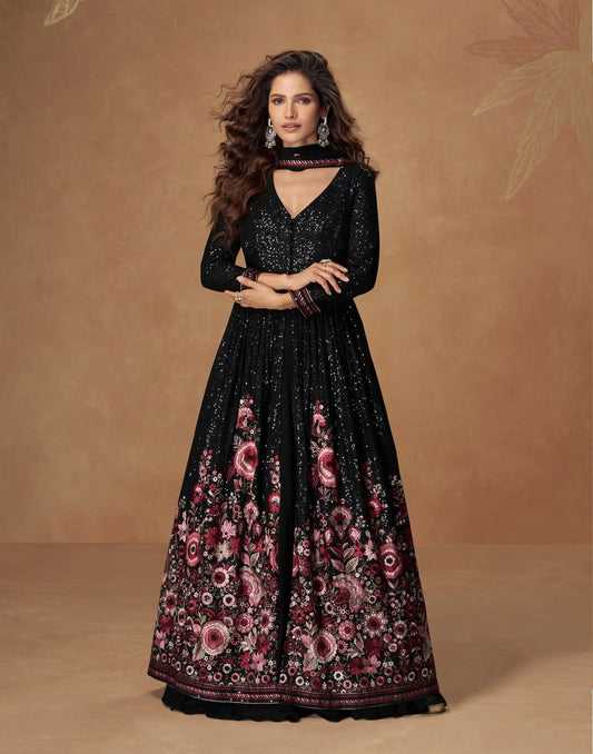 Hot Black Georgette Embroidery Work Gown