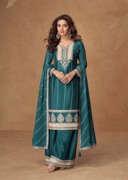 Dark Teal Chinon Silk Palazzo Suit With Embroidery Work