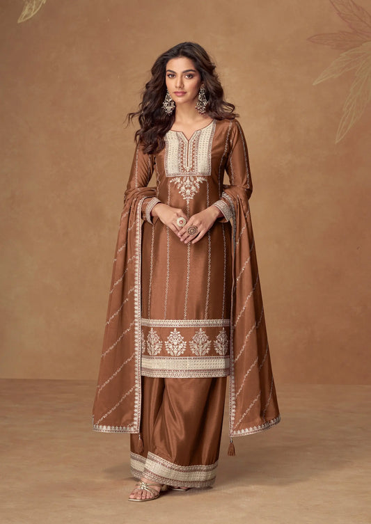 Rust Brown Chinon Silk Palazzo Suit With Embroidery Work