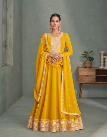 Yellow Georgette Embroidery Work Gown