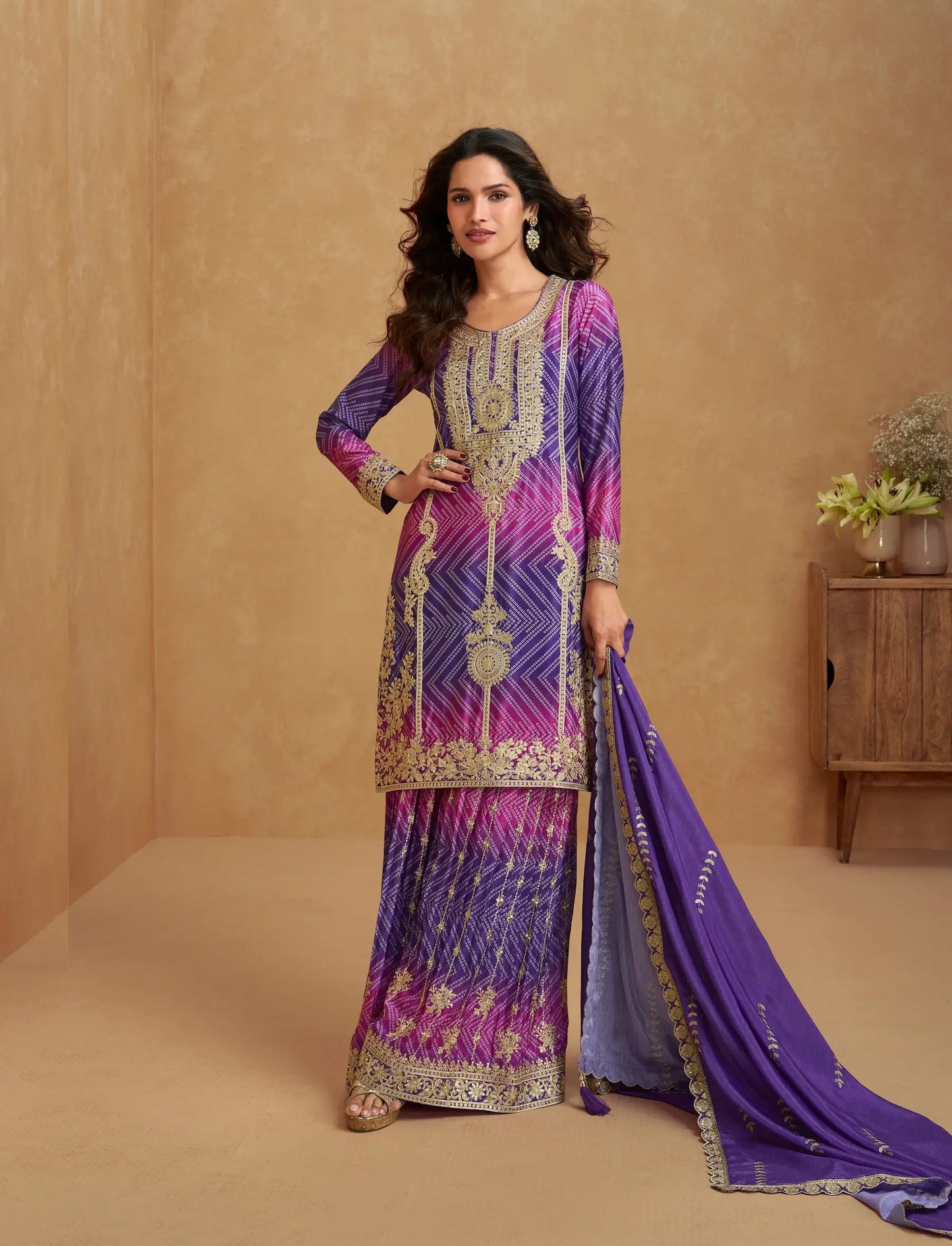 Purple Chinon Silk Printed & Embroidery Work Palazzo set
